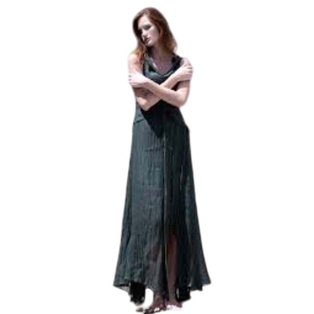 Ingrid Munt Barcelona Linen Maxi Dress Dark Green Lagenlook Art to Wear Size M